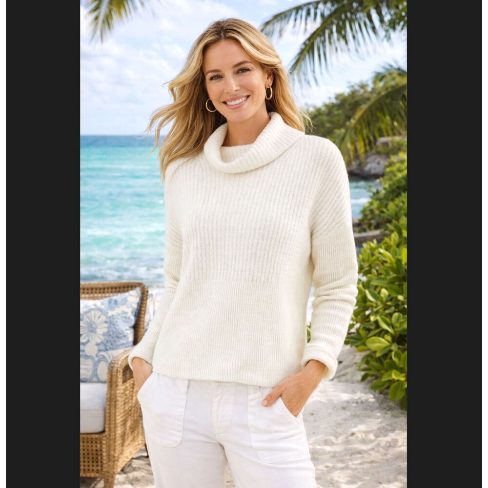 Tommy Bahama Cotton Sweater XL White Funnel Neck Ribbed Alpaca Cozy Luxe Relaxed